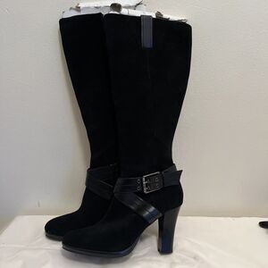 CHAPS Suede Knee High Block Heel Buckle Boho Boot, Black- 9B